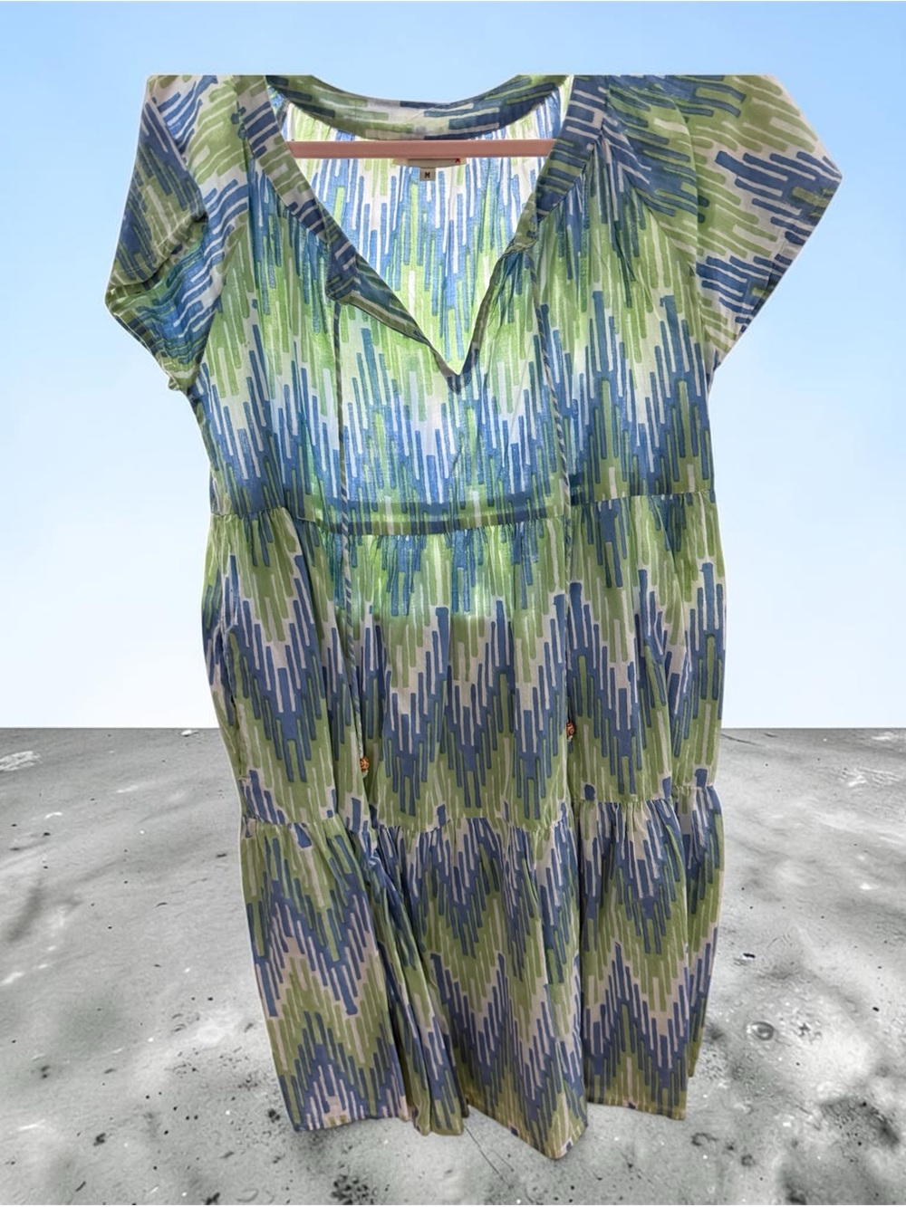 Green and Blue Patterned V-Neck Tiered Dress